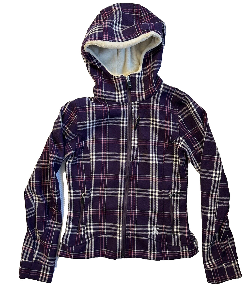 Spyder Purple / White / Pink Plaid Hooded Ski Jacket Full Zip Womens Size Small